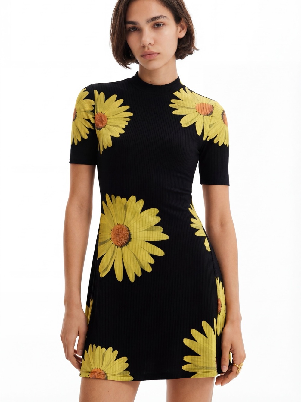 Desigual M. Christian LaCroix Daisy Ribbed Mini Dress Floral Black Medium